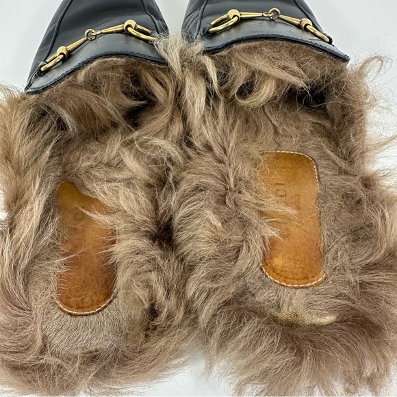 Gucci Princeton Black Leather Fur Horsebit Gold Detail Slip On Mules 39.5 US 9.5 - Picture 6 of 15